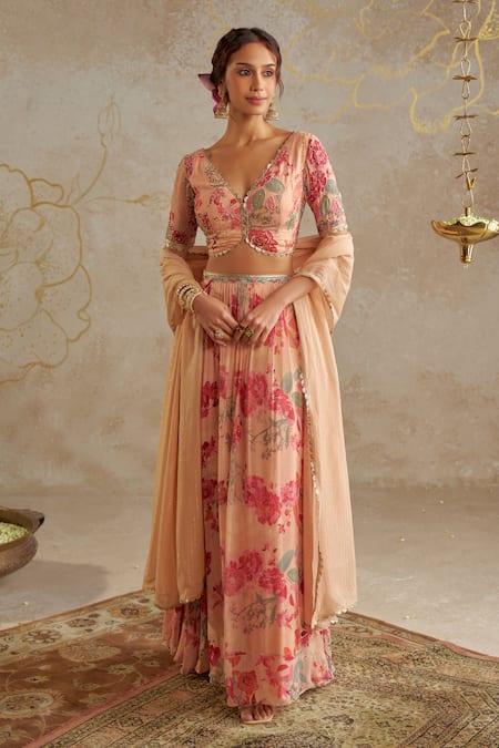 Buy Chhavvi Aggarwal Beige Georgette, Lurex Beads, Embroidery V-neck Rose Print Lehenga Set Online at Aza Fashions Buy_Chhavvi Aggarwal_Beige Georgette, Lurex Beads, Embroidery V-neck Rose Print Lehenga Set _Online_at_Aza_Fashions