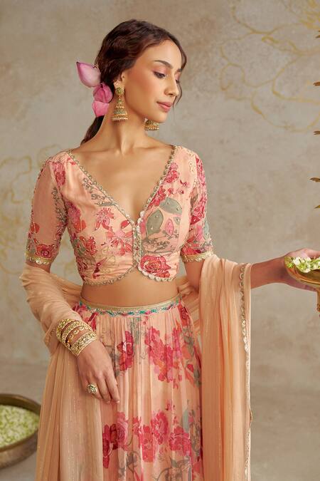 Shop Chhavvi Aggarwal Beige Georgette, Lurex Beads, Embroidery V-neck Rose Print Lehenga Set Online at Aza Fashions Shop_Chhavvi Aggarwal_Beige Georgette, Lurex Beads, Embroidery V-neck Rose Print Lehenga Set _Online_at_Aza_Fashions