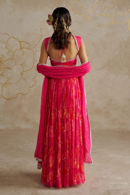 Shop Chhavvi Aggarwal Pink Georgette, Lurex Embroidery, Sequins Rose Print Gathered Lehenga Set at Aza Fashions Shop_Chhavvi Aggarwal_Pink Georgette, Lurex Embroidery, Sequins Rose Print Gathered Lehenga Set _at_Aza_Fashions