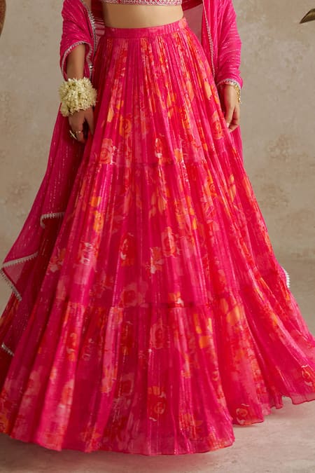 Chhavvi Aggarwal Pink Georgette, Lurex Embroidery, Sequins Rose Print Gathered Lehenga Set Online at Aza Fashions Chhavvi Aggarwal_Pink Georgette, Lurex Embroidery, Sequins Rose Print Gathered Lehenga Set _Online_at_Aza_Fashions