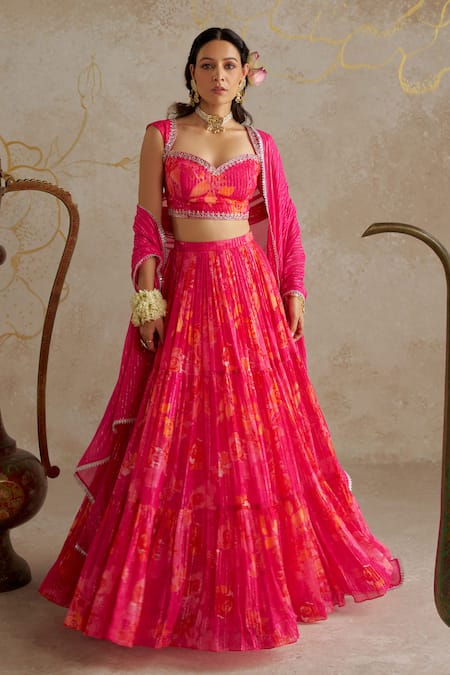 Buy Chhavvi Aggarwal Pink Georgette, Lurex Embroidery, Sequins Rose Print Gathered Lehenga Set Online at Aza Fashions Buy_Chhavvi Aggarwal_Pink Georgette, Lurex Embroidery, Sequins Rose Print Gathered Lehenga Set _Online_at_Aza_Fashions
