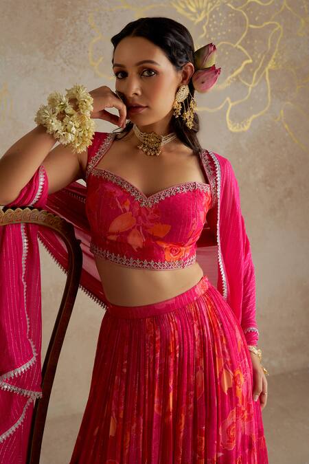 Shop Chhavvi Aggarwal Pink Georgette, Lurex Embroidery, Sequins Rose Print Gathered Lehenga Set Online at Aza Fashions Shop_Chhavvi Aggarwal_Pink Georgette, Lurex Embroidery, Sequins Rose Print Gathered Lehenga Set _Online_at_Aza_Fashions