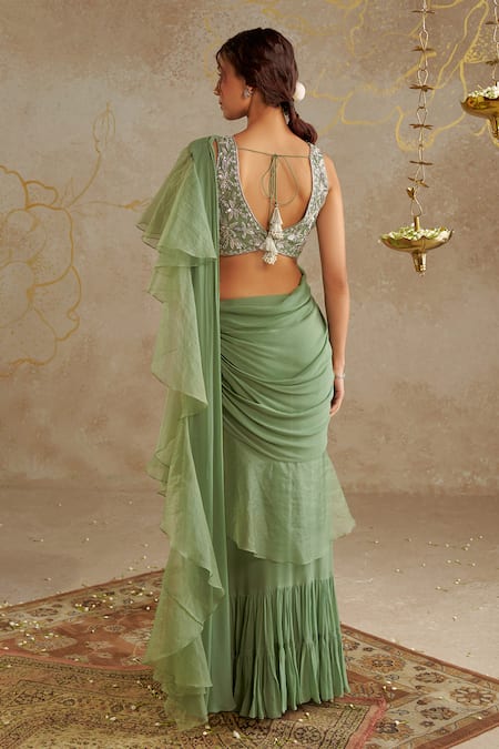 Shop_Chhavvi Aggarwal_Green Organza, Georgette Sequins Sweetheart Pre-draped Ruffle Saree With Blouse _at_Aza_Fashions