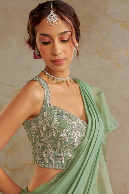 Buy_Chhavvi Aggarwal_Green Organza, Georgette Sequins Sweetheart Pre-draped Ruffle Saree With Blouse _Online_at_Aza_Fashions