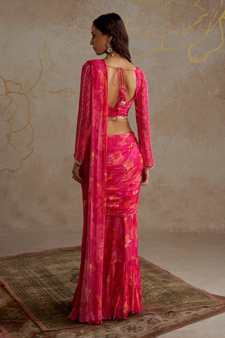 Shop Chhavvi Aggarwal Pink Georgette Lace V-neck Rose Embroidered Pre-draped Saree With Blouse at Aza Fashions Shop_Chhavvi Aggarwal_Pink Georgette Lace V-neck Rose Embroidered Pre-draped Saree With Blouse _at_Aza_Fashions