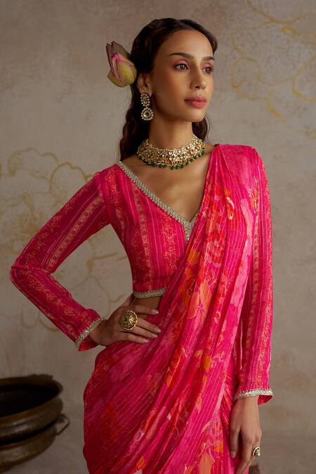 Chhavvi Aggarwal Pink Georgette Lace V-neck Rose Embroidered Pre-draped Saree With Blouse Online at Aza Fashions Chhavvi Aggarwal_Pink Georgette Lace V-neck Rose Embroidered Pre-draped Saree With Blouse _Online_at_Aza_Fashions