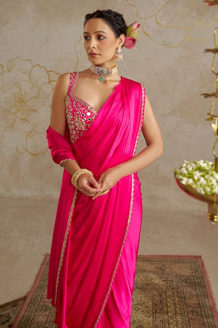 Chhavvi Aggarwal_Pink Satin Mirrors Sweetheart Neck Pre-draped Saree With Blouse _Online_at_Aza_Fashions