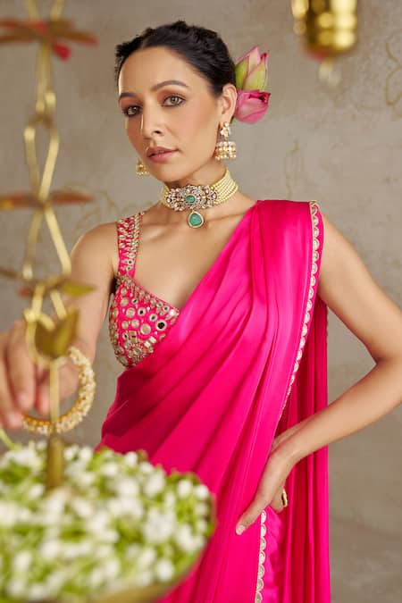 Buy_Chhavvi Aggarwal_Pink Satin Mirrors Sweetheart Neck Pre-draped Saree With Blouse _Online_at_Aza_Fashions