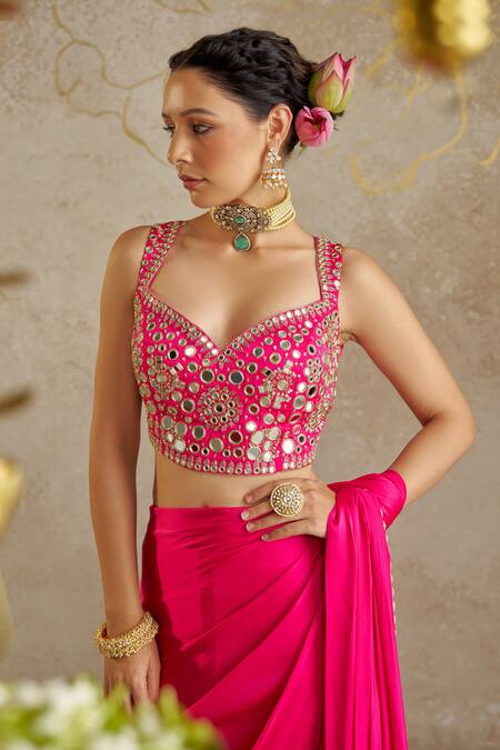 Shop_Chhavvi Aggarwal_Pink Satin Mirrors Sweetheart Neck Pre-draped Saree With Blouse _Online_at_Aza_Fashions