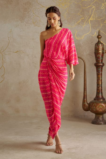 Shop Chhavvi Aggarwal Pink Crepe One Shoulder Floral Print Draped Dress at Aza Fashions Shop_Chhavvi Aggarwal_Pink Crepe One Shoulder Floral Print Draped Dress _at_Aza_Fashions