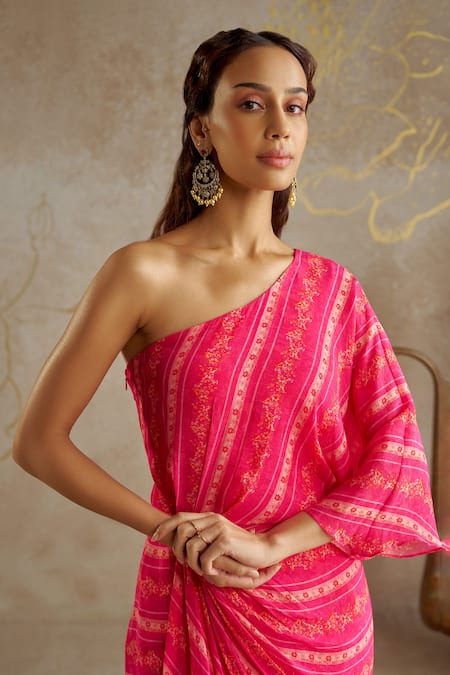 Chhavvi Aggarwal Pink Crepe One Shoulder Floral Print Draped Dress Online at Aza Fashions Chhavvi Aggarwal_Pink Crepe One Shoulder Floral Print Draped Dress _Online_at_Aza_Fashions
