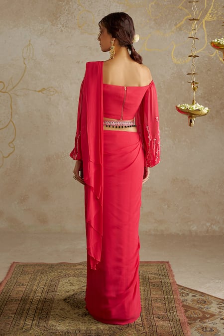 Shop Chhavvi Aggarwal Pink Georgette, Linen Sequins, Beads Pre-draped Saree With Embroidered Blouse at Aza Fashions Shop_Chhavvi Aggarwal_Pink Georgette, Linen Sequins, Beads Pre-draped Saree With Embroidered Blouse _at_Aza_Fashions