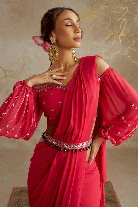 Buy Chhavvi Aggarwal Pink Georgette, Linen Sequins, Beads Pre-draped Saree With Embroidered Blouse Online at Aza Fashions Buy_Chhavvi Aggarwal_Pink Georgette, Linen Sequins, Beads Pre-draped Saree With Embroidered Blouse _Online_at_Aza_Fashions