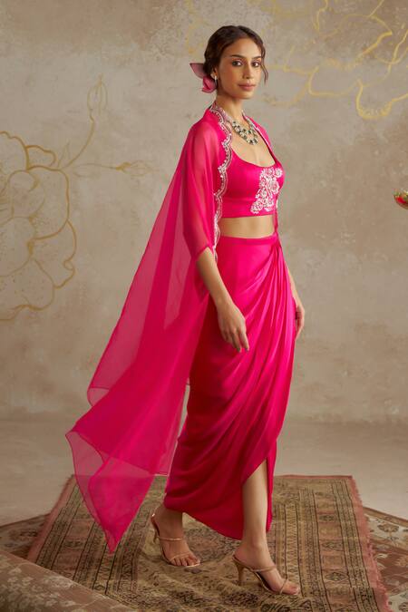 Buy Chhavvi Aggarwal Pink Satin, Organza Pearls, Sequins, Beads Scallop Border Cape With Skirt Set Online at Aza Fashions Buy_Chhavvi Aggarwal_Pink Satin, Organza Pearls, Sequins, Beads Scallop Border Cape With Skirt Set _Online_at_Aza_Fashions
