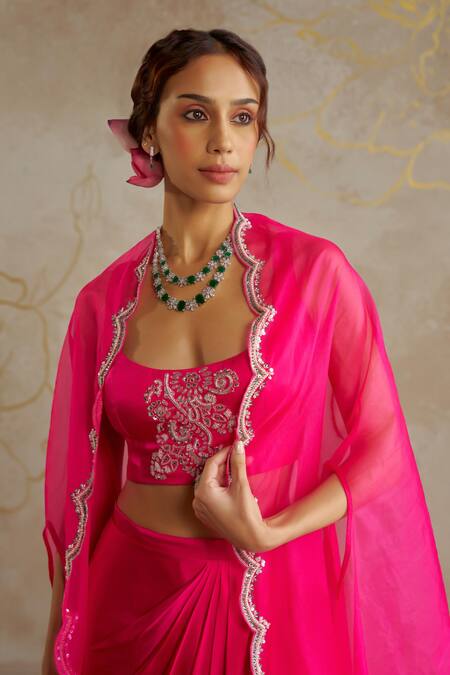 Shop Chhavvi Aggarwal Pink Satin, Organza Pearls, Sequins, Beads Scallop Border Cape With Skirt Set Online at Aza Fashions Shop_Chhavvi Aggarwal_Pink Satin, Organza Pearls, Sequins, Beads Scallop Border Cape With Skirt Set _Online_at_Aza_Fashions