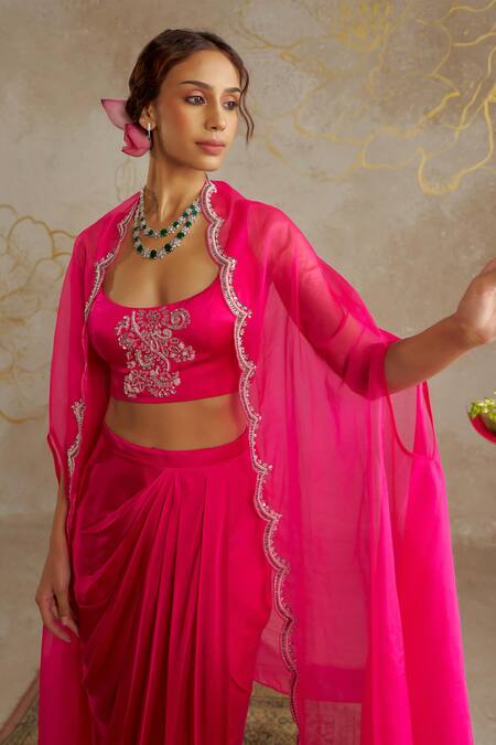 Chhavvi Aggarwal Pink Satin, Organza Pearls, Sequins, Beads Scallop Border Cape With Skirt Set at Aza Fashions Chhavvi Aggarwal_Pink Satin, Organza Pearls, Sequins, Beads Scallop Border Cape With Skirt Set _at_Aza_Fashions