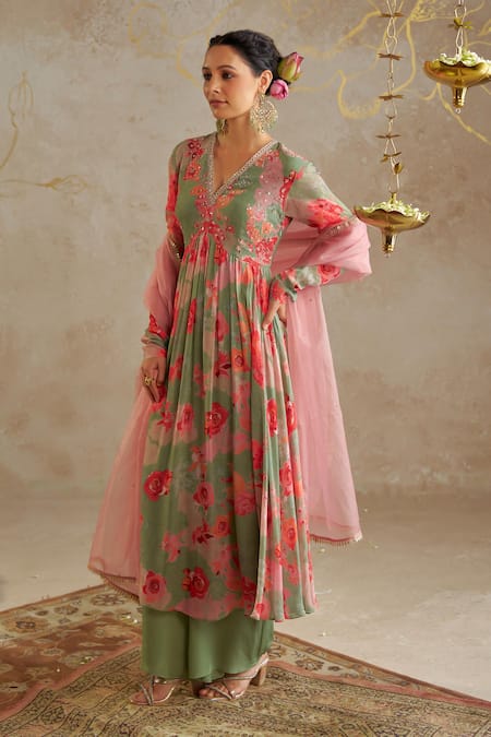 Buy_Chhavvi Aggarwal_Green Organza, Crepe, Georgette, Linen, Chiffon Rose Print And Anarkali Set _Online_at_Aza_Fashions