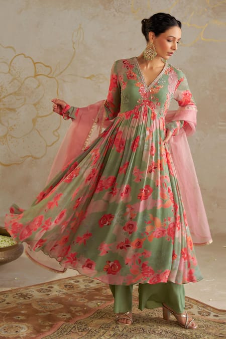Shop_Chhavvi Aggarwal_Green Organza, Crepe, Georgette, Linen, Chiffon Rose Print And Anarkali Set _Online_at_Aza_Fashions