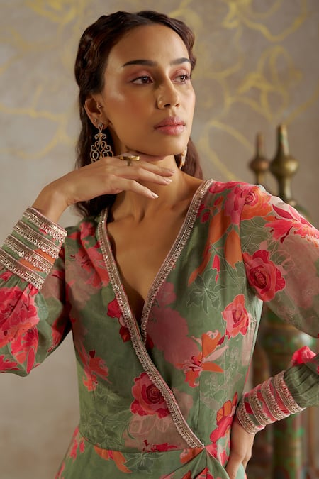 Chhavvi Aggarwal Green Crepe, Georgette, Linen Sequins, Beads V-neck Rose Print Draped Dress Online at Aza Fashions Chhavvi Aggarwal_Green Crepe, Georgette, Linen Sequins, Beads V-neck Rose Print Draped Dress _Online_at_Aza_Fashions