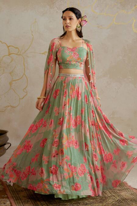 Chhavvi Aggarwal_Green Georgette, Linen Pearls, Sequins Floral Print Lehenga Set With Cape _Online_at_Aza_Fashions