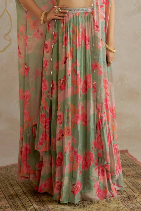 Buy_Chhavvi Aggarwal_Green Georgette, Linen Pearls, Sequins Floral Print Lehenga Set With Cape _Online_at_Aza_Fashions