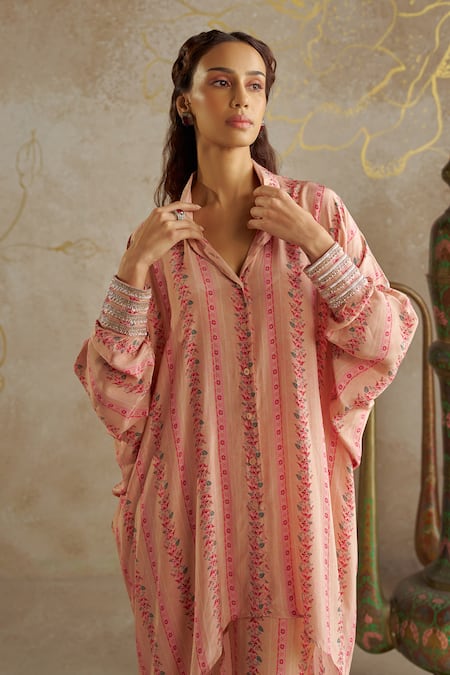 Shop Chhavvi Aggarwal Pink Crepe Embroidery, Sequins Collared Floral Print Shirt With Pant Online at Aza Fashions Shop_Chhavvi Aggarwal_Pink Crepe Embroidery, Sequins Collared Floral Print Shirt With Pant _Online_at_Aza_Fashions