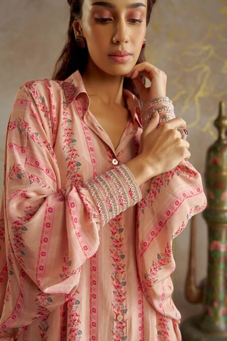 Chhavvi Aggarwal Pink Crepe Embroidery, Sequins Collared Floral Print Shirt With Pant at Aza Fashions Chhavvi Aggarwal_Pink Crepe Embroidery, Sequins Collared Floral Print Shirt With Pant _at_Aza_Fashions