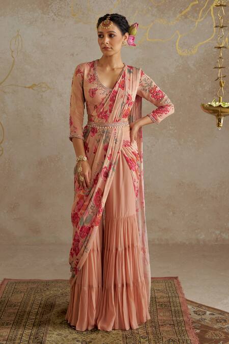 Chhavvi Aggarwal Beige Georgette, Linen Pearls, Sequins V-neck Rose Print Sharara Saree Set Online at Aza Fashions Chhavvi Aggarwal_Beige Georgette, Linen Pearls, Sequins V-neck Rose Print Sharara Saree Set _Online_at_Aza_Fashions