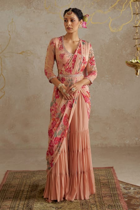 Buy Chhavvi Aggarwal Beige Georgette, Linen Pearls, Sequins V-neck Rose Print Sharara Saree Set Online at Aza Fashions Buy_Chhavvi Aggarwal_Beige Georgette, Linen Pearls, Sequins V-neck Rose Print Sharara Saree Set _Online_at_Aza_Fashions