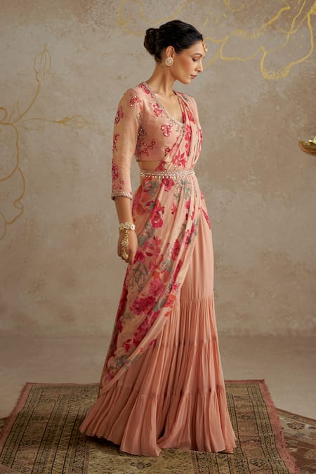 Shop Chhavvi Aggarwal Beige Georgette, Linen Pearls, Sequins V-neck Rose Print Sharara Saree Set Online at Aza Fashions Shop_Chhavvi Aggarwal_Beige Georgette, Linen Pearls, Sequins V-neck Rose Print Sharara Saree Set _Online_at_Aza_Fashions