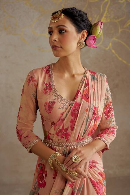 Chhavvi Aggarwal Beige Georgette, Linen Pearls, Sequins V-neck Rose Print Sharara Saree Set at Aza Fashions Chhavvi Aggarwal_Beige Georgette, Linen Pearls, Sequins V-neck Rose Print Sharara Saree Set _at_Aza_Fashions