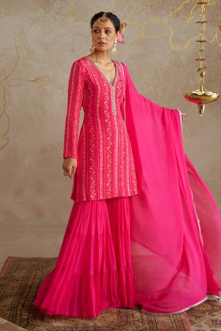 Buy Chhavvi Aggarwal Pink Georgette Sequins, Embroidery V-neck Floral Print Kurta Sharara Set Online at Aza Fashions Buy_Chhavvi Aggarwal_Pink Georgette Sequins, Embroidery V-neck Floral Print Kurta Sharara Set _Online_at_Aza_Fashions