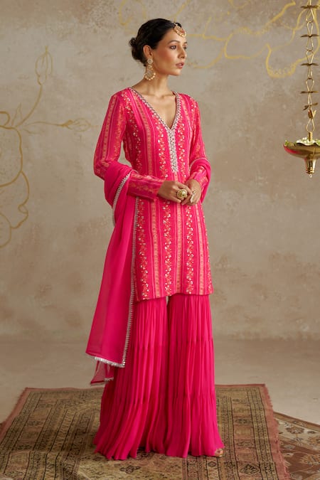 Shop Chhavvi Aggarwal Pink Georgette Sequins, Embroidery V-neck Floral Print Kurta Sharara Set Online at Aza Fashions Shop_Chhavvi Aggarwal_Pink Georgette Sequins, Embroidery V-neck Floral Print Kurta Sharara Set _Online_at_Aza_Fashions
