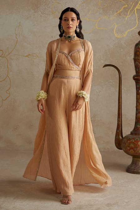 Chhavvi Aggarwal Beige Sweetheart Neck Embroidered Cape And Pant Set Online at Aza Fashions Chhavvi Aggarwal_Beige Sweetheart Neck Embroidered Cape And Pant Set _Online_at_Aza_Fashions
