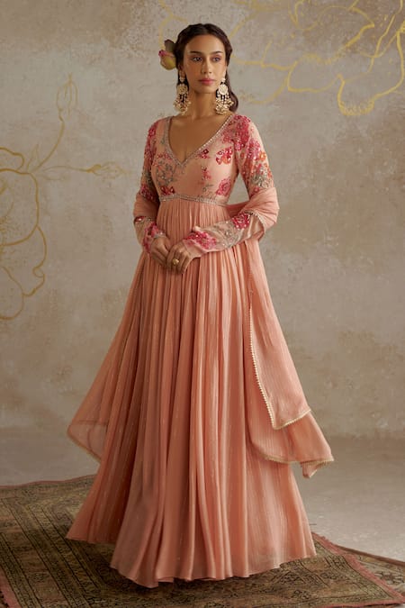 Chhavvi Aggarwal_Beige Georgette, Lurex Embroidery, Sequins Floral Print And Anarkali With Dupatta _Online_at_Aza_Fashions