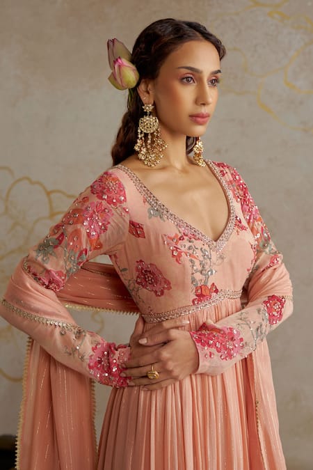 Buy_Chhavvi Aggarwal_Beige Georgette, Lurex Embroidery, Sequins Floral Print And Anarkali With Dupatta _Online_at_Aza_Fashions