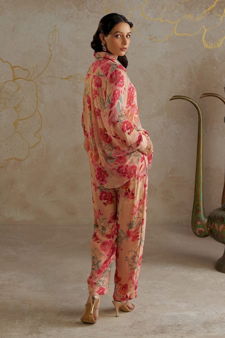 Shop_Chhavvi Aggarwal_Beige Georgette Embroidery, Sequins Collared Rose Print Shirt With Pant _at_Aza_Fashions