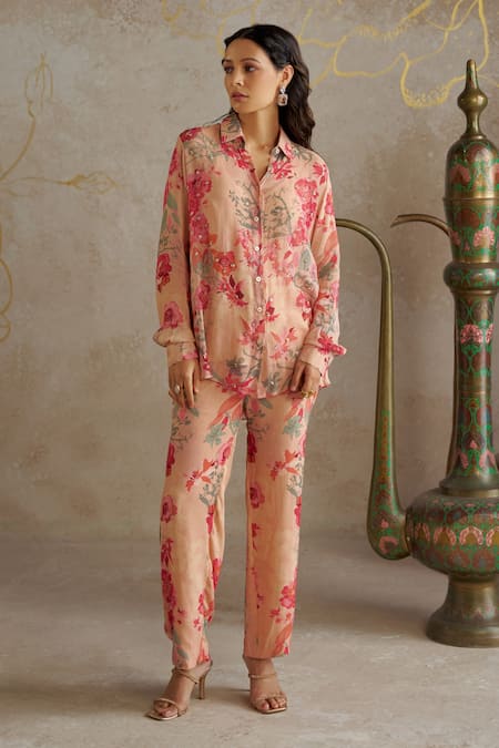 Chhavvi Aggarwal_Beige Georgette Embroidery, Sequins Collared Rose Print Shirt With Pant _Online_at_Aza_Fashions