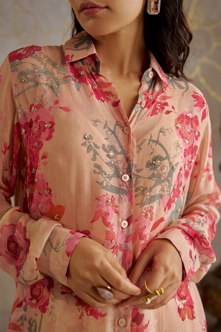 Buy_Chhavvi Aggarwal_Beige Georgette Embroidery, Sequins Collared Rose Print Shirt With Pant _Online_at_Aza_Fashions