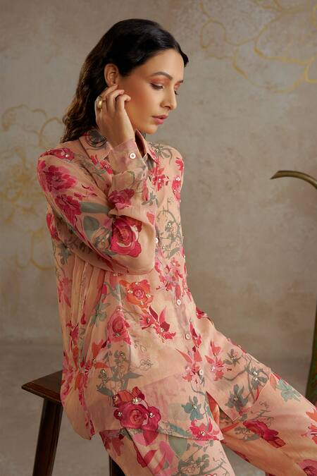 Shop_Chhavvi Aggarwal_Beige Georgette Embroidery, Sequins Collared Rose Print Shirt With Pant _Online_at_Aza_Fashions