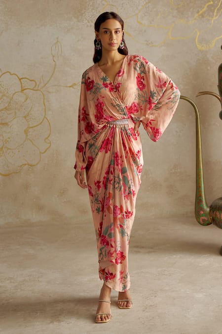 Chhavvi Aggarwal Beige Crepe Print Sequin V-neck Rose Draped Kaftan Dress 