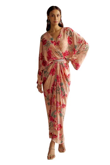Chhavvi Aggarwal_Beige Crepe Embroidery, Sequins V-neck Rose Print Draped Kaftan Dress _Online_at_Aza_Fashions