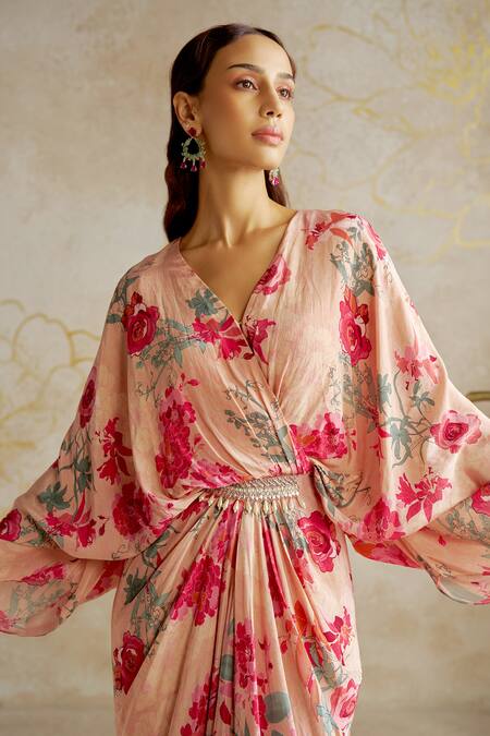 Buy_Chhavvi Aggarwal_Beige Crepe Embroidery, Sequins V-neck Rose Print Draped Kaftan Dress _Online_at_Aza_Fashions