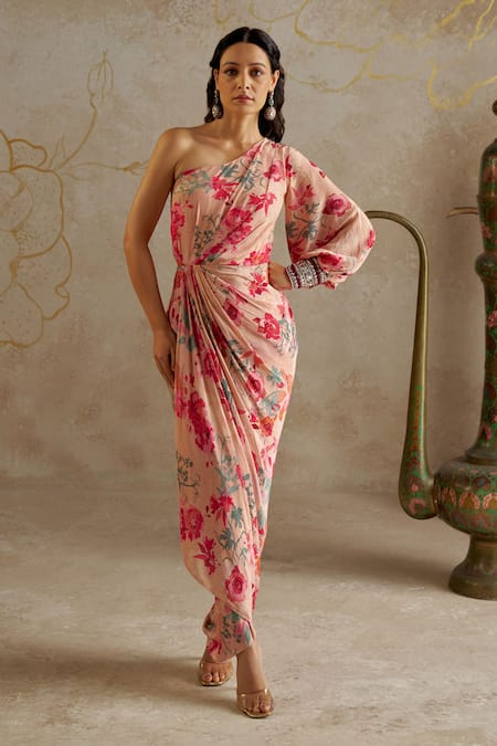 Chhavvi Aggarwal Floral Print One-Shoulder Draped Dress 