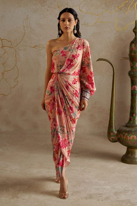 Chhavvi Aggarwal_Beige Crepe, Linen Embroidery, Sequins One Shoulder Floral Print Draped Dress _Online_at_Aza_Fashions