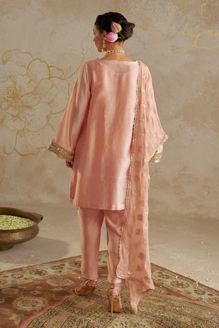 Shop_Chhavvi Aggarwal_Pink Chanderi, Georgette, Linen Sequins, Beads V-neck Embroidered Kurta Pant Set _at_Aza_Fashions