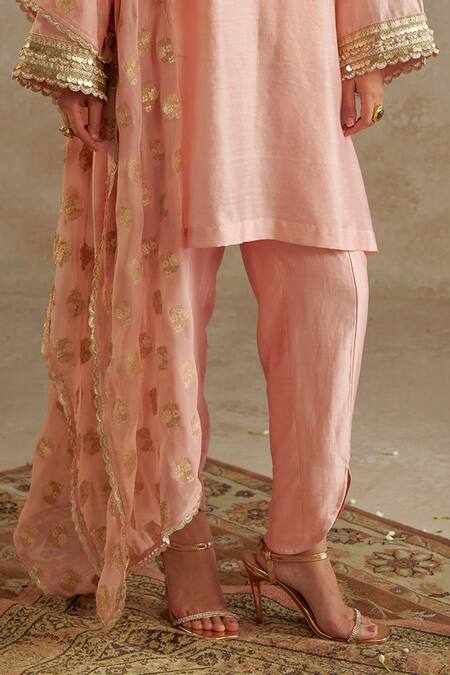 Chhavvi Aggarwal_Pink Chanderi, Georgette, Linen Sequins, Beads V-neck Embroidered Kurta Pant Set _Online_at_Aza_Fashions