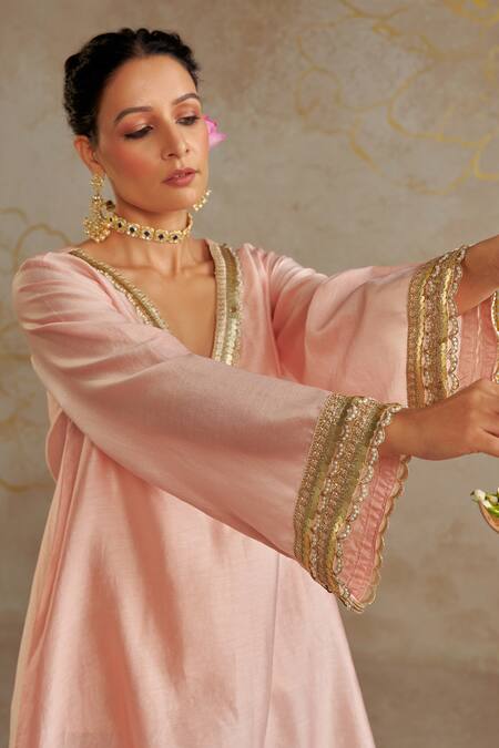 Buy_Chhavvi Aggarwal_Pink Chanderi, Georgette, Linen Sequins, Beads V-neck Embroidered Kurta Pant Set _Online_at_Aza_Fashions