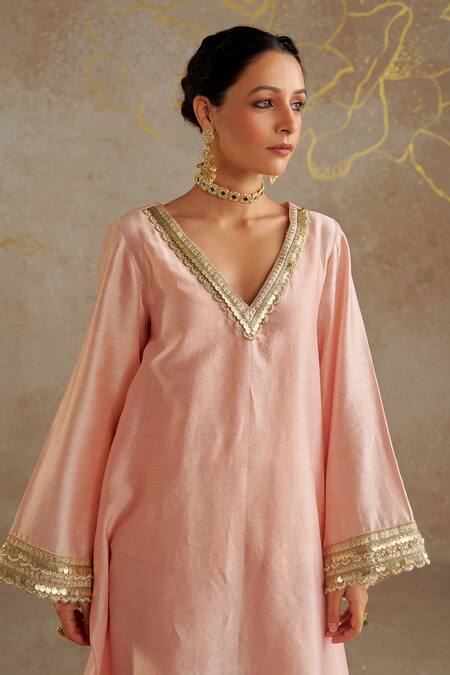 Shop_Chhavvi Aggarwal_Pink Chanderi, Georgette, Linen Sequins, Beads V-neck Embroidered Kurta Pant Set _Online_at_Aza_Fashions