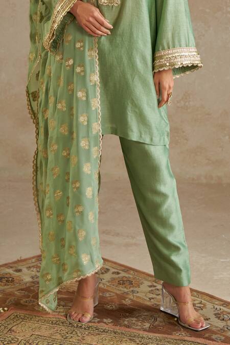 Chhavvi Aggarwal_Green Chanderi, Georgette, Linen Sequins, Beads Embroidered Kurta Pant Set _Online_at_Aza_Fashions